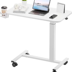 517oI7mNoL._AC_SL1500_.jpg GTPLAYER Small Standing Desk with Wheels, Pneumatic Mobile Rolling Laptop Desk, Adjustable Height Overbed Bedside Table Computer Workstation for Home Office (28" W x 16" D, White)