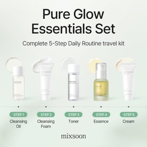 mixsoon Pure Glow Essentials Set - 5-Step Skincare Kit - Travel kit, Travel size kit, Hydrating Skincare Gift Set (15ml*1+20ml*3+30ml*1) Korean Glass Skin Care