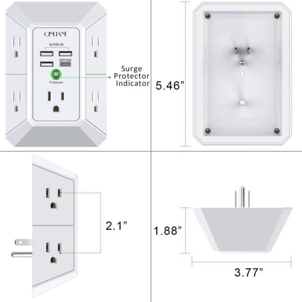 51chxQUVIOL._AC_SL1200_.jpg Wall Charger, Surge Protector, QINLIANF 5 Outlet Extender with 4 USB Charging Ports, 3-Sided 1680J Power Strip Multi Plug Adapter Spaced for Home Travel Office