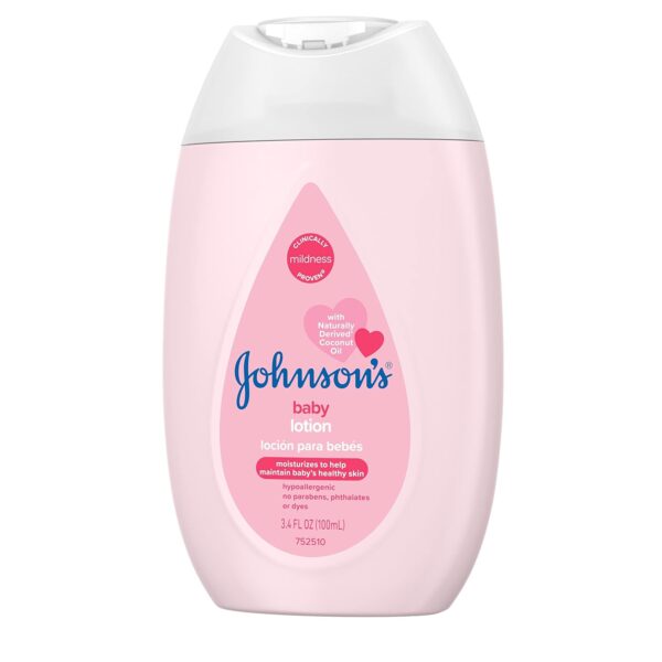 Johnson's Baby Lotion with Coconut Oil, Aloe Vera & Vitamin B5, 72 HR Hydration, Skin Moisturizer, Hypoallergenic, Newborn Safe, Protects From Dryness & Strengthens Skin, Baby Essentials, 3.4 fl. oz