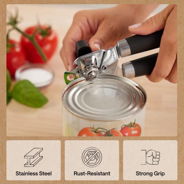 611MJA249lL._AC_SL1000_.jpg GORILLA GRIP Heavy Duty Stainless Steel Smooth Edge Manual Can Opener and Bottle Openers, US Designed, Soft Comfortable Handle, Oversized Handheld Turn Knob, Multifunctional Kitchen Tool, Black