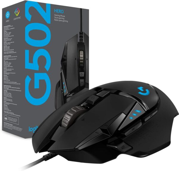 Logitech G502 Hero High Performance Wired Gaming Mouse, Hero 25K Sensor, 25,600 DPI, RGB, Adjustable Weights, 11 Programmable Buttons, On-Board Memory, PC/Mac - Black