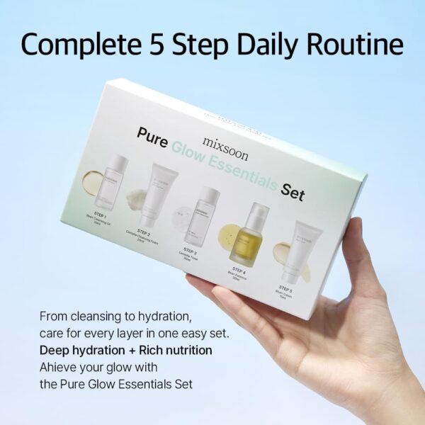 mixsoon Pure Glow Essentials Set - 5-Step Skincare Kit - Travel kit, Travel size kit, Hydrating Skincare Gift Set (15ml*1+20ml*3+30ml*1) Korean Glass Skin Care
