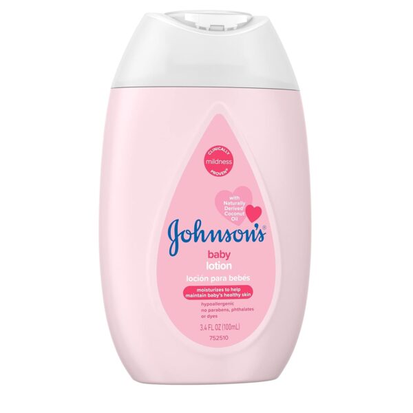 Johnson's Baby Lotion with Coconut Oil, Aloe Vera & Vitamin B5, 72 HR Hydration, Skin Moisturizer, Hypoallergenic, Newborn Safe, Protects From Dryness & Strengthens Skin, Baby Essentials, 3.4 fl. oz