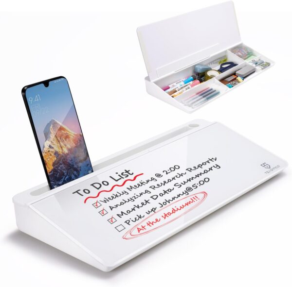 TSJ OFFICE Small Desktop Whiteboard -Glass Dry Erase Board Computer Keyboard Stand White Board Surface Pad with Drawer, Desk Organizers with Accessories for Office, Home, School Supplies - White