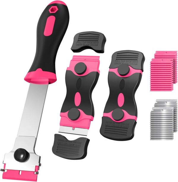 61DODJKNTqL._AC_SL1500_.jpg Ywmoml 3 Pack Razor Blade Scraper Set, Includes 30 Plastic & 30 Metal Blades, Multi-Purpose Tool for Glass, Cooktop, Sticker Removal, Paint & Gum Cleaning (Pink)