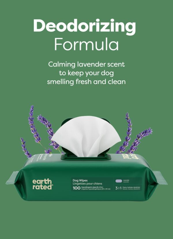 Earth Rated Dog Wipes, Hypoallergenic, 3-in-1 Cleaning and Hydrating, for Grooming Paws, Body and Butt, Lavender Scented, 100 Count