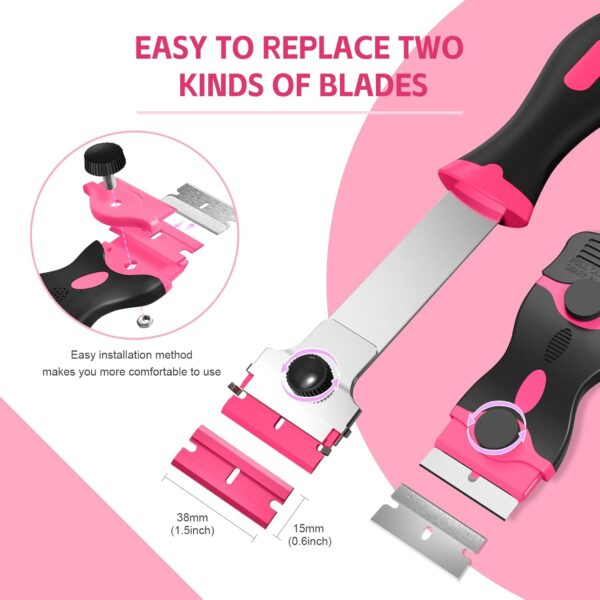 61H02HxgOXL._AC_SL1500_.jpg Ywmoml 3 Pack Razor Blade Scraper Set, Includes 30 Plastic & 30 Metal Blades, Multi-Purpose Tool for Glass, Cooktop, Sticker Removal, Paint & Gum Cleaning (Pink)