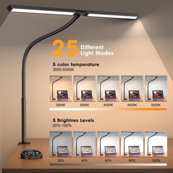 Pzloz Led Desk Lamp for Office Home - Eye Caring Architect lamp with Clamp,Dual Screen Computer Monitor Work Smart Light: 24W 5 Color Flexible Adjustable Lighting Table Lamp for Study Drafting
