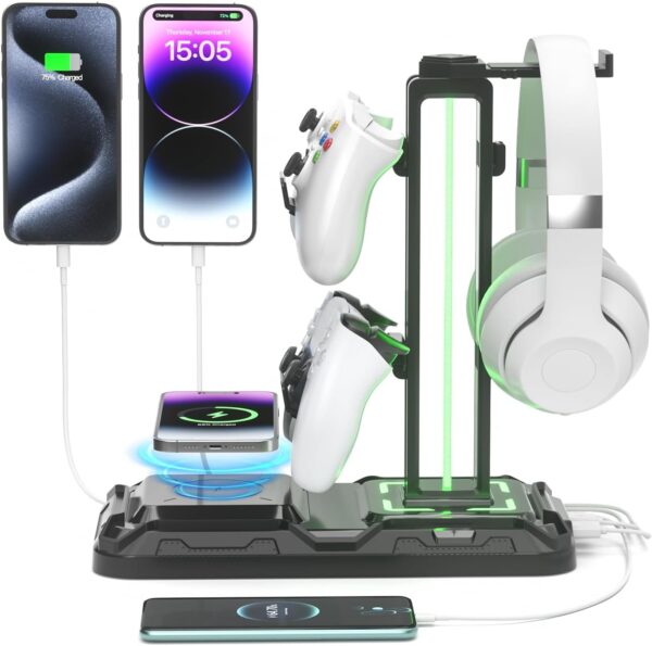 61JI6UgtcJL._AC_SL1500_.jpg KDD Headphone & Controller Stand with Wireless Charging - Rotatable Headset Stand with 9 Light Modes - Controller Holder with 2 USB and Type C Ports - for Gamers Desktop Accessories