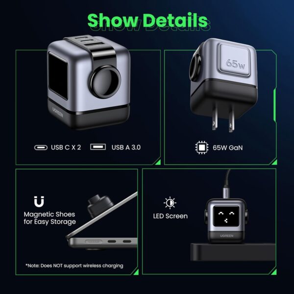 61Q5L-MRB9L._AC_SL1500_.jpg UGREEN Uno 65W USB C Charger Block, Nexode 3-Port GaN Fast Charger with Screen, Fun Robot Gifts for Men Women, Compatible with iPhone 17, MacBook Pro/Air/Neo, XPS, Galaxy S26, Steam Deck, Black