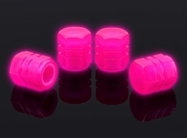 4PCS Fluorescent Tire Valve Stem Caps, Luminous Car Tire Air Cap, Corrosion Resistant Leak-Proof Wheel Valve Cover, Universal for Cars, Trucks, Bikes, Motorcycles, Bicycles(Pink)