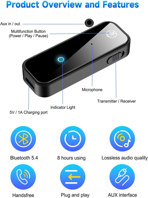 61RWOkfPOaL._AC_SL1500_.jpg Auxiliary Aux Bluetooth 5.4 Adapter for Car, 2 in 1 Bluetooth Receiver Transmitter, 3.5mm Jack Wireless Audio Adapter Dongle for TV Headphone PC Speaker Amplifier Home Stereo System, with Microphone