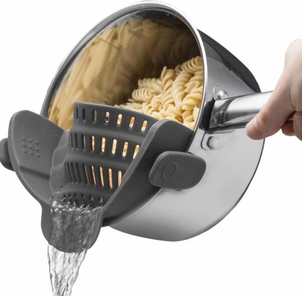 61SarkuabfL._AC_SL1500_.jpg Kitchen Gizmo Snap N' Strain - Silicone Pasta Strainer Clip-On for Pots and Pans - Heat Resistant Colander for Vegetables and Noodles - Kitchen Gadgets for Cooking - Space-Saving Design - Gray