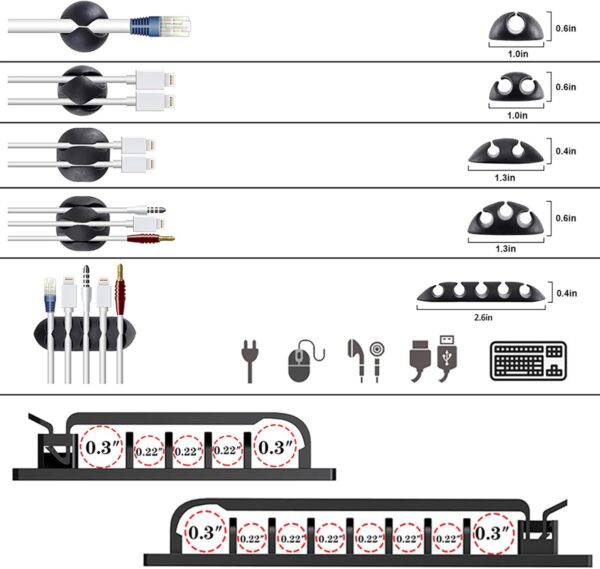 61TIadMppTL._AC_SL1500_.jpg N NOROCME 192 PCS Cable Management Kit 4 Wire Organizer Sleeve,11 Cable Holder,35Cord Clips 10+2 Roll Cable Organizer Straps and 100 Fastening Cable Ties for Computer TV Under Desk, black,clear
