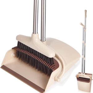 61V0Y4cv8L._AC_SL1500_.jpg Broom and Dustpan Set with Long Handle, Light Weight Stainless Steel Poles Stand Upright Dustpans with Broom Combo for Home Kitchen Office Pet Dog Hair, Brown & Beige Color, 1-Pack