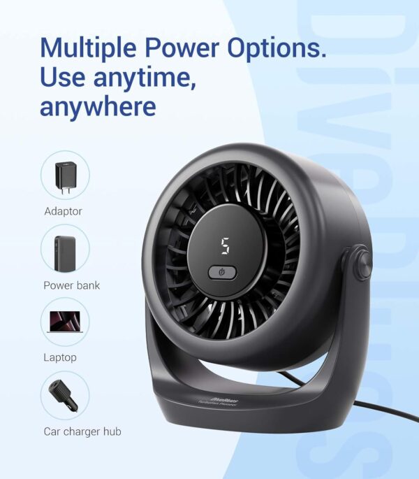 61VRx8z20VL._AC_SL1500_.jpg Diveblues USB Desk Turbo Fan, Ultra-Quiet Mini Desk Fan, Powerful Wind, LED Display, 5 Speed, 360° Rotating Small Portable Fan for Home, Office and Outdoor Cool Tech Gadgets - TurboBreeze