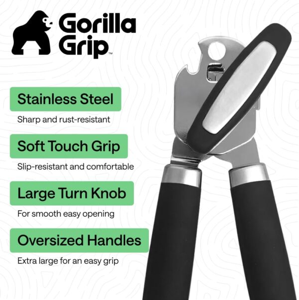 61VwLJ7Z-vL._AC_SL1000_.jpg GORILLA GRIP Heavy Duty Stainless Steel Smooth Edge Manual Can Opener and Bottle Openers, US Designed, Soft Comfortable Handle, Oversized Handheld Turn Knob, Multifunctional Kitchen Tool, Black