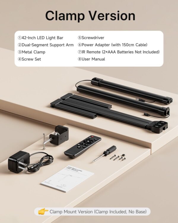 61ak01bXKhL._AC_SL1500_.jpg ONEMIX 42" LED Desk Lamp with Clamp, Architect Desk Light with Remote, Adjustable 4-Segment Bar, 1800LM Bright, Eye-Caring Desk Lamp for Home Office, Reading, Study, Dual Monitors, Workbench(Black)