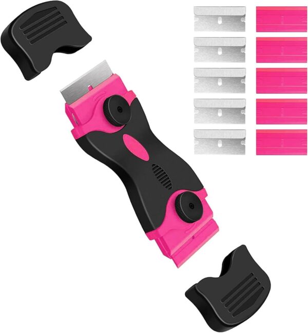 61d4ZNpfmWL._AC_SL1500_.jpg DEKEones Razor Blade Scraper, Double Edged Razorblade Scraping Tool with 10 Pcs Razor Blades, Paint Scraper for Glass, Decals, Tint, Stickers, Labels, Caulk, Adhesive(Pink)