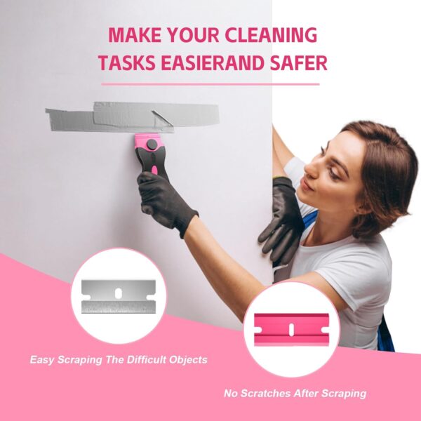 61dxu4CVlVL._AC_SL1500_.jpg Ywmoml 3 Pack Razor Blade Scraper Set, Includes 30 Plastic & 30 Metal Blades, Multi-Purpose Tool for Glass, Cooktop, Sticker Removal, Paint & Gum Cleaning (Pink)