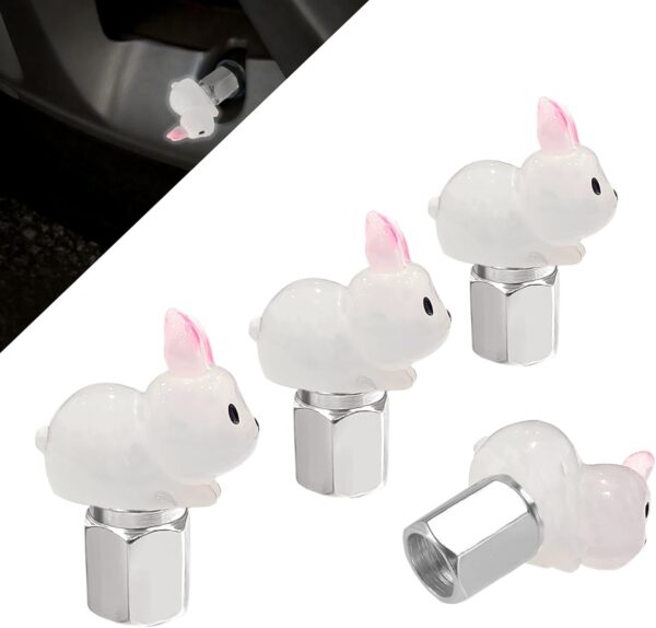 Glow in The Dark Tire Valve Caps-4 Pieces Cute Animal Auto Exterior Accessories for Men/Women, Fun Tire Accessories Universal Fit for Most Car Motorcycles Trucks Bicycles. (Rabbit)