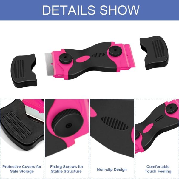 61hCViPZgBL._AC_SL1500_.jpg DEKEones Razor Blade Scraper, Double Edged Razorblade Scraping Tool with 10 Pcs Razor Blades, Paint Scraper for Glass, Decals, Tint, Stickers, Labels, Caulk, Adhesive(Pink)