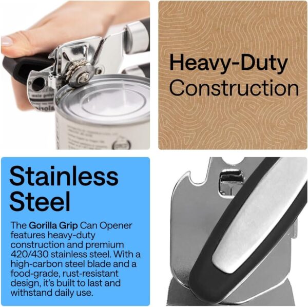 61py32CK3bL._AC_SL1000_.jpg GORILLA GRIP Heavy Duty Stainless Steel Smooth Edge Manual Can Opener and Bottle Openers, US Designed, Soft Comfortable Handle, Oversized Handheld Turn Knob, Multifunctional Kitchen Tool, Black