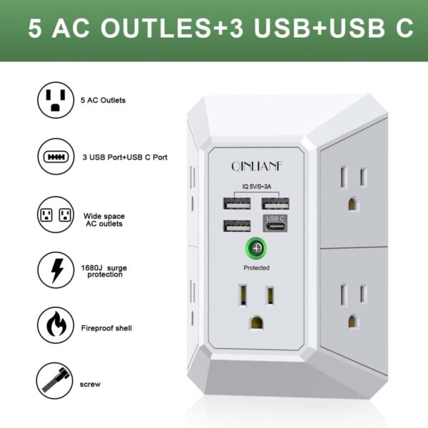 61rhKWQOCmL._AC_SL1200_.jpg Wall Charger, Surge Protector, QINLIANF 5 Outlet Extender with 4 USB Charging Ports, 3-Sided 1680J Power Strip Multi Plug Adapter Spaced for Home Travel Office