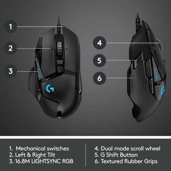 Logitech G502 Hero High Performance Wired Gaming Mouse, Hero 25K Sensor, 25,600 DPI, RGB, Adjustable Weights, 11 Programmable Buttons, On-Board Memory, PC/Mac - Black