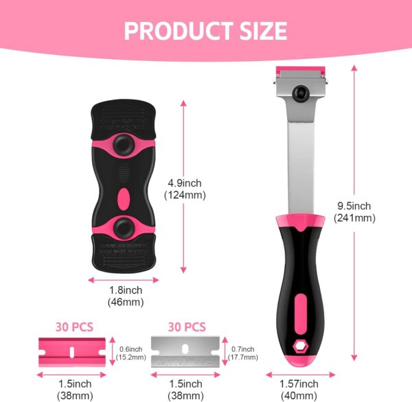 61yfaZNZXhL._AC_SL1500_.jpg Ywmoml 3 Pack Razor Blade Scraper Set, Includes 30 Plastic & 30 Metal Blades, Multi-Purpose Tool for Glass, Cooktop, Sticker Removal, Paint & Gum Cleaning (Pink)