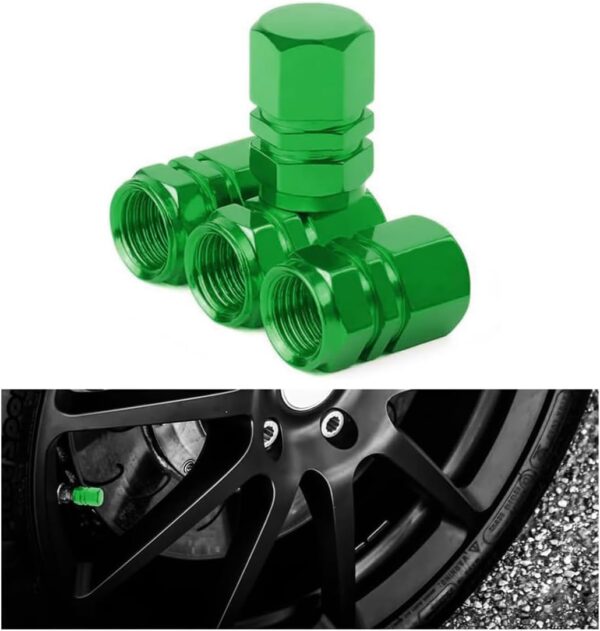 61yyZ2UsWmL._AC_SL1200_.jpg Osilly Car Tire Stem Valve Caps, 4 Pcs Aluminum Alloy Valve Stem Covers, Corrosion Resistant Leak-Proof Tire Cap Cover Accessories, Hexgon Style Wheel Air Valve Caps for SUV Car Bike (Green)