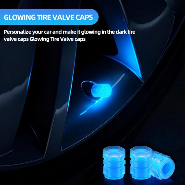 61z69AqJaRL._AC_SL1500_.jpg 20 Pcs Glow in The Dark Tire Valve Caps Fluorescent Tire Valve Stem Caps, Cool Car Present for Universal Decoration Accessories for Car SUV Bicycle Motorcycles Trucks (Blue)