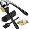 Garlic Press Crusher & Mincer – Easy Squeeze Ergonomic Handle, Heavy Duty Zinc Alloy, Dishwasher Safe, Includes Peeler & Cleaning Brush – Garlic Ginger Crusher Tool (Black)
