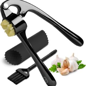 61zPjXmkA4L._AC_SL1500_.jpg Garlic Press Crusher & Mincer – Easy Squeeze Ergonomic Handle, Heavy Duty Zinc Alloy, Dishwasher Safe, Includes Peeler & Cleaning Brush – Garlic Ginger Crusher Tool (Black)