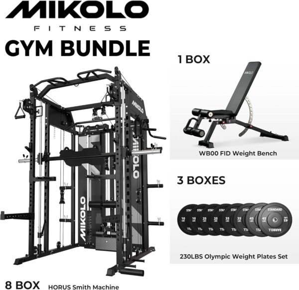 Mikolo Smith Machine with Weight Stack, Power Cage Home Gym System with LAT Pulldown & Cable Crossover, Multi-Functional Trainer with Dual Pulley System, Includes 10+ Free Attachments