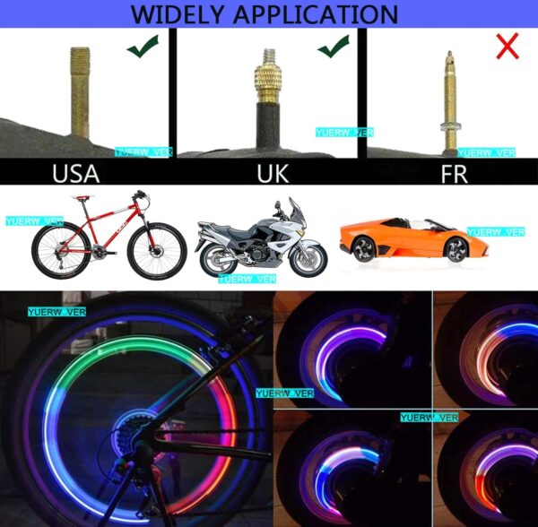 711ZdLGbtL._AC_SL1500_.jpg 4 Pack LED Bike Wheel Lights Car Tire Valve Stems Caps Bicycle Motorcycle Waterproof Tyre Spoke Flash Light Cool Reflector Accessories for Men Women Kids (Colorful)