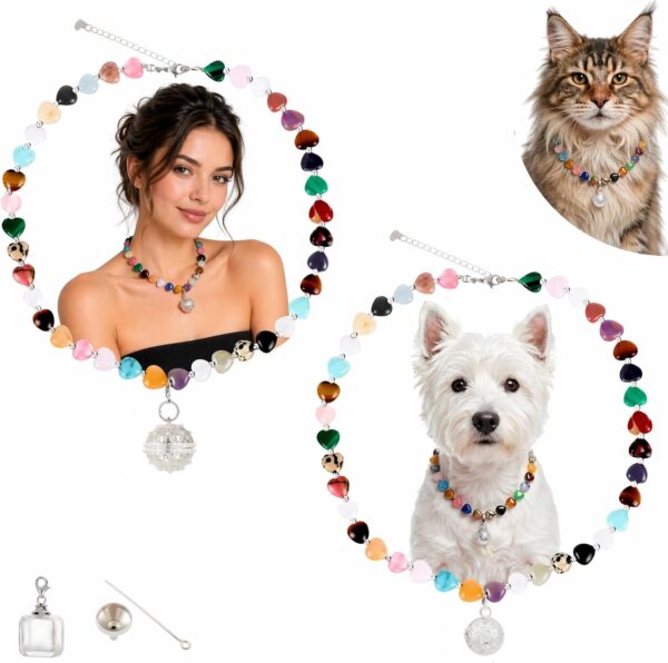 Handmade Matching Dog Collar & Owner Necklace Replaceable Pendant (Round Ball+Memory Vial) for Storing Pet Fur Gemstone Beaded Jewelry Set Dog Collar for Puppy, Large Cat Collar Set for Pet Lovers