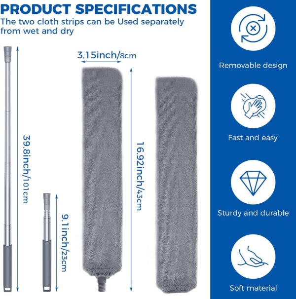 Retractable Gap Dust Cleaner Cleaning Tools with 2 Microfiber Dusting Cloths Long Handle 60inches Washable and Retractable Duster Brush for Cleaning Under Appliances Furniture Couch Fridge