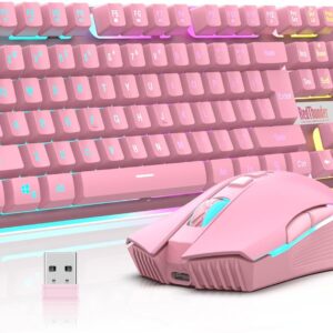 713sSqhSskL._AC_SL1500_.jpg RedThunder K10 Wireless Gaming Keyboard and Mouse Combo, LED Backlit Rechargeable 3800mAh Battery, Mechanical Feel Anti-ghosting Keyboard + 7D 3200DPI Mice for PC Gamer (Pink)