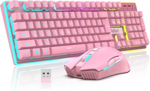 713sSqhSskL._AC_SL1500_.jpg RedThunder K10 Wireless Gaming Keyboard and Mouse Combo, LED Backlit Rechargeable 3800mAh Battery, Mechanical Feel Anti-ghosting Keyboard + 7D 3200DPI Mice for PC Gamer (Pink)