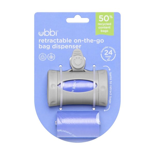 714DFjCzRIL._SL1500_.jpg Ubbi Retractable On the Go Bag Dispenser for Travel, Diaper Bag Accessory Must Have for Newborn, Helpful Item, Baby Gift, Lavender Scented, Gray