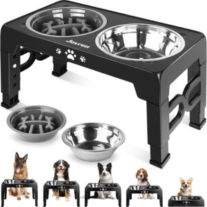 714fHBusMCL._AC_SL1500_.jpg Jovrun Elevated Dog Bowls for Medium Large Size Dogs, Non-Slip Dog Feeder with 1*Stainless Steel Dishes & 1*Slow Feeder Bowl, 5 Heights Adjustable Raised Bowls to 3.15″-8.66″-9.84″-11.02″-12.2″