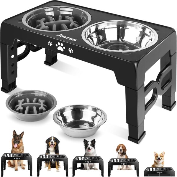 714fHBusMCL._AC_SL1500_.jpg Jovrun Elevated Dog Bowls for Medium Large Size Dogs, Non-Slip Dog Feeder with 1*Stainless Steel Dishes & 1*Slow Feeder Bowl, 5 Heights Adjustable Raised Bowls to 3.15″-8.66″-9.84″-11.02″-12.2″