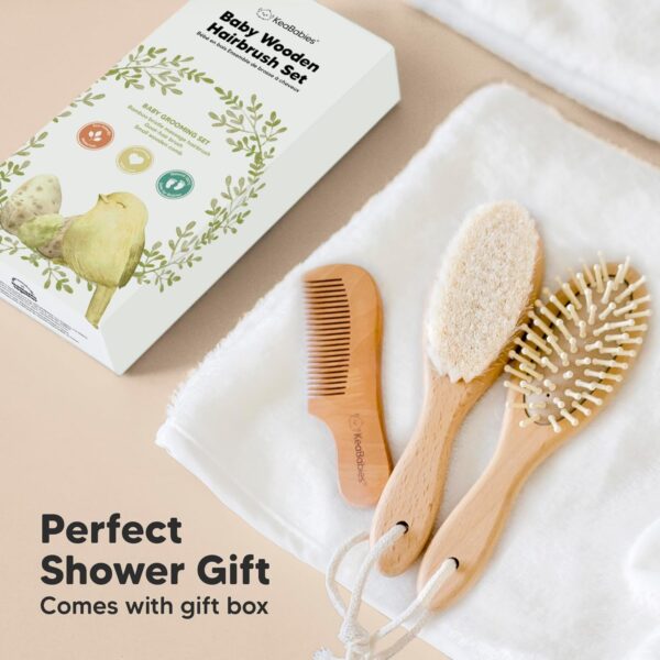 Baby Hair Brush Set for Newborns - Soft Goat Bristle Wooden Baby Brush and Comb Set Newborn Grooming Kit for Cradle Cap, Durable & Gentle, Boy, Girl Infant Essentials Care Kit (Regular, Walnut)