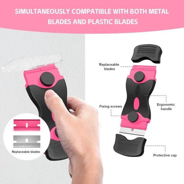 7158mkhfxuL._AC_SL1500_.jpg Ywmoml 3 Pack Razor Blade Scraper Set, Includes 30 Plastic & 30 Metal Blades, Multi-Purpose Tool for Glass, Cooktop, Sticker Removal, Paint & Gum Cleaning (Pink)
