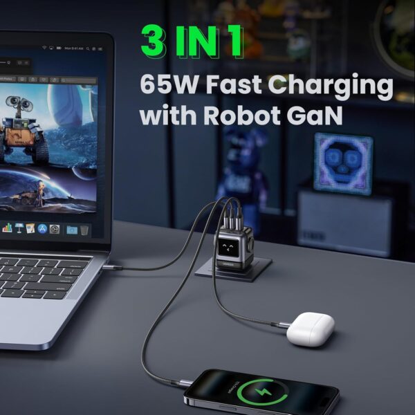 7162uPgyCL._AC_SL1500_.jpg UGREEN Uno 65W USB C Charger Block, Nexode 3-Port GaN Fast Charger with Screen, Fun Robot Gifts for Men Women, Compatible with iPhone 17, MacBook Pro/Air/Neo, XPS, Galaxy S26, Steam Deck, Black