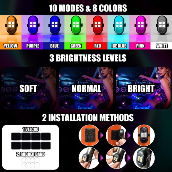 7167vW52JCL._AC_SL1500_.jpg Upgraded Wireless LED Lights for Car, Rechargeable Interior Car Lights with 8 Colors Brightness Adjustable, 12H Battery Life, Remote Control, Mini Strobe Lights for Vehicle Motorcycle Bike Decor