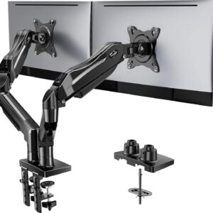 HUANUO FlowLift™ Dual Monitor Stand, Fully Adjustable Gaming Monitor Desk Mount for 13–32″ Computer Screens, Full Motion VESA 75x75/100x100 with C-Clamp & Grommet Base, Each Arm Holds 4.4 to 19.8 lbs