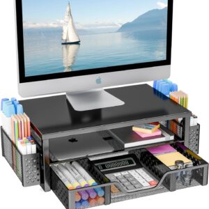718JYVTZr9L._AC_SL1500_.jpg Simple Trending Desk Organizer and Accessories, 2-Tier Computer Monitor Stand Riser with Drawer and 2 Pen Holders for Office Supplies, Black